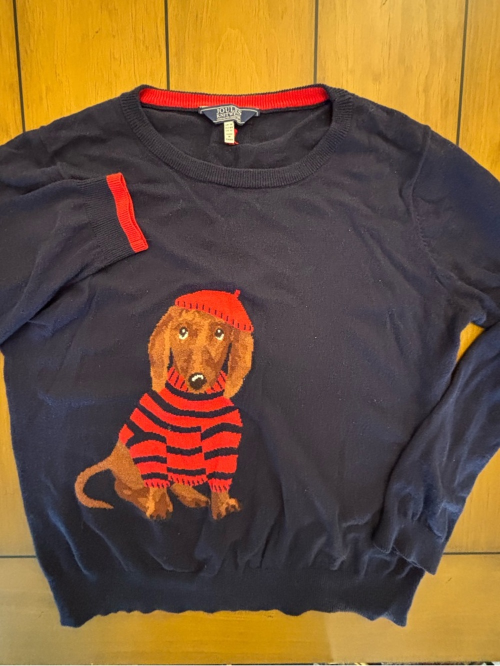 Navy Cotton Crewneck Sweater with Intarsia French Dog